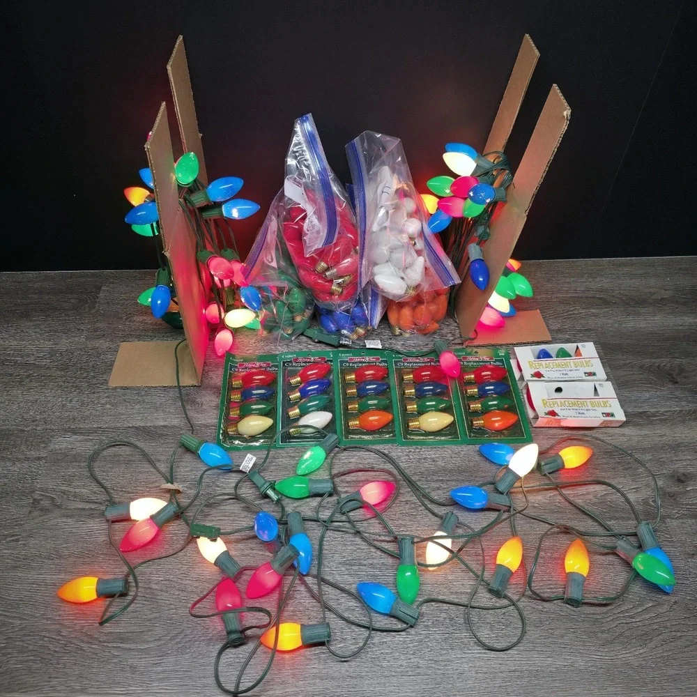 (3) Vintage C9 Christmas Lights 3 Strings 25' X 25 Bulbs W/ 150+ Spare C9 Bulbs